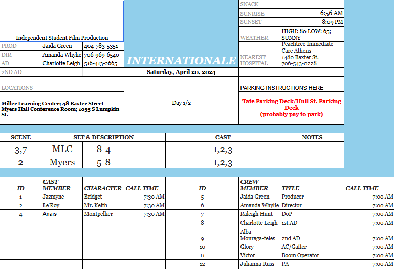 A call sheet sent to cast and crew
